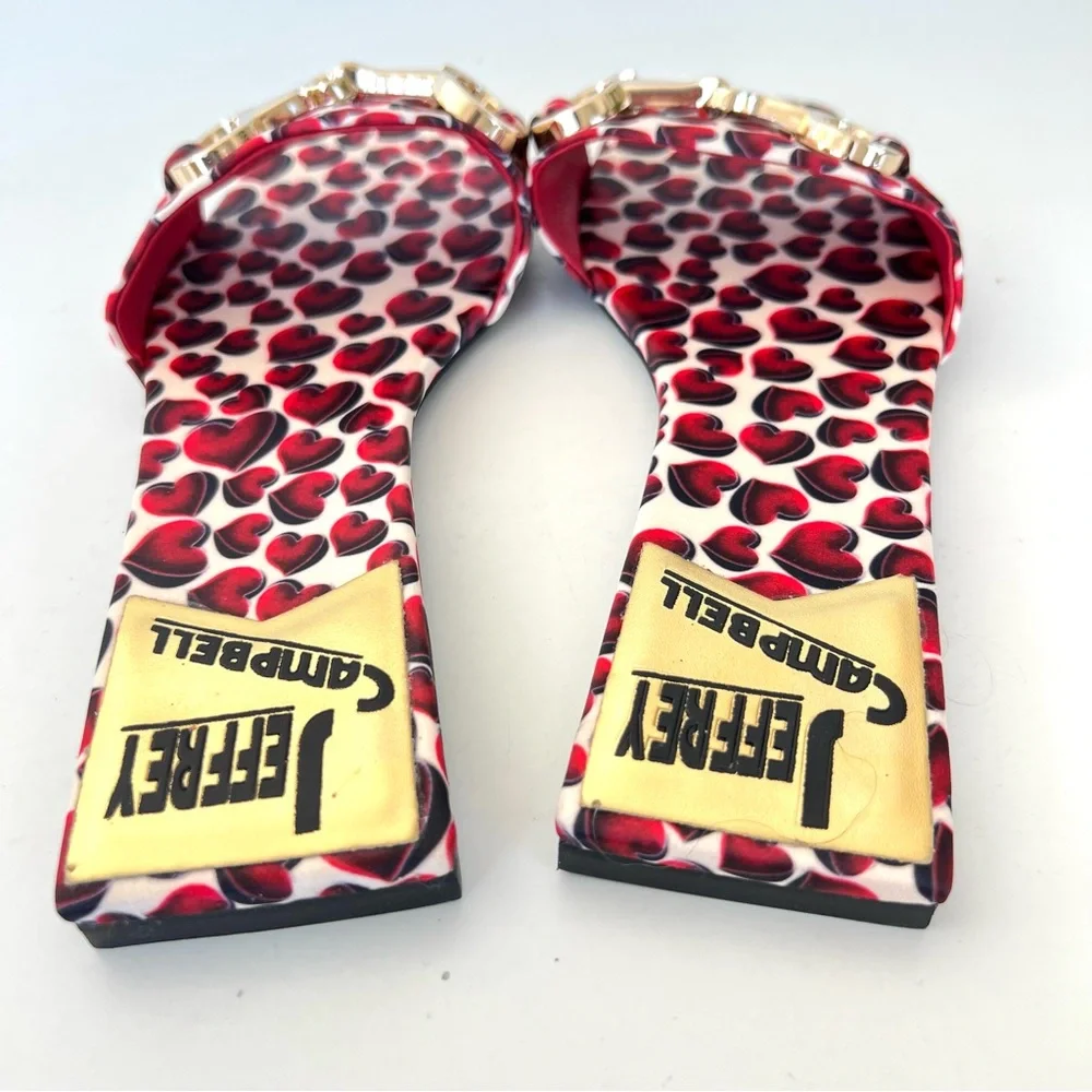 JEFFREY CAMPBELL Chantria Red Hearts Gold Buckle Flats Slides Sandals Sz 8 NWOB - Picture 5 of 11